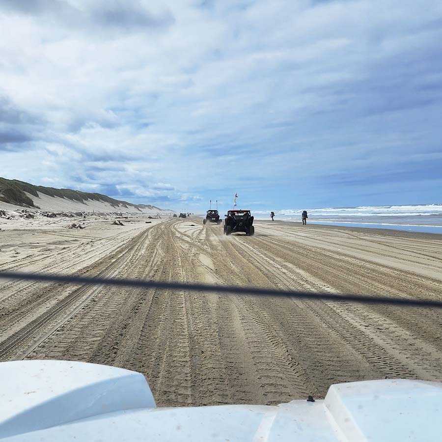 Driver's view from a rig running the open beach in the Oregon Dunes National Recreation Area